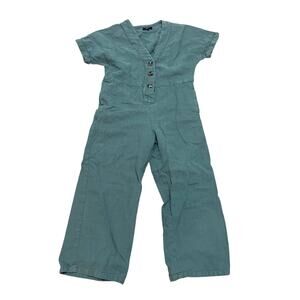 FRNCH Linen Short Sleeve Jumpsuit Women XS Green Button Front Minimalist Classic